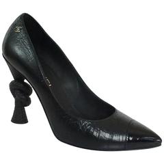 Chanel Black Leather and Patent Pump w/ Rope Knot Heel - 40.5