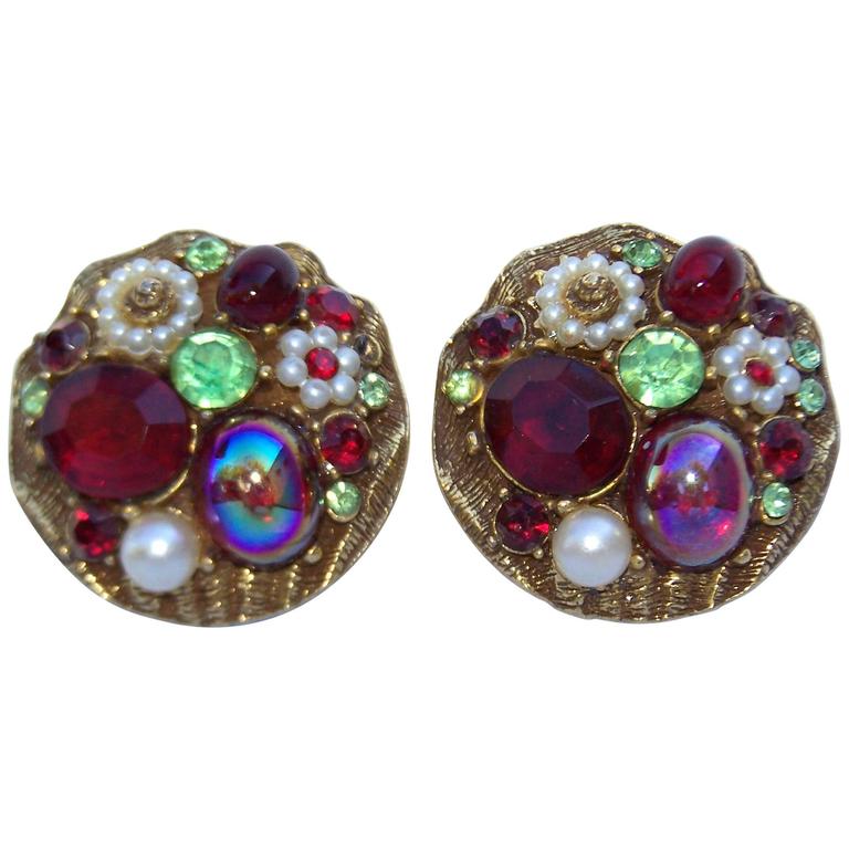 Lovely 1950's Ruby Red Rhinestone Encrusted Clip On Earrings at 1stDibs