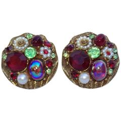 Lovely 1950's Ruby Red Rhinestone Encrusted Clip On Earrings