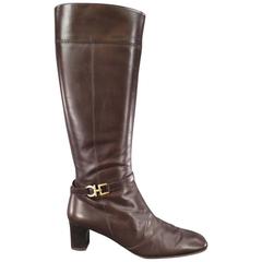 SALVATORE FERRAGAMO Boutique Size 7.5 Brown Leather Gold Gancio CalfBoots 9