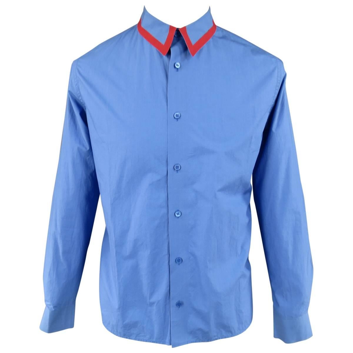 Men's MARNI Size XS Blue Cotton Red Trim Raw Collar Long Sleeve Shirt