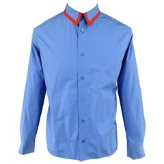 Men's MARNI Size XS Blue Cotton Red Trim Raw Collar Long Sleeve Shirt