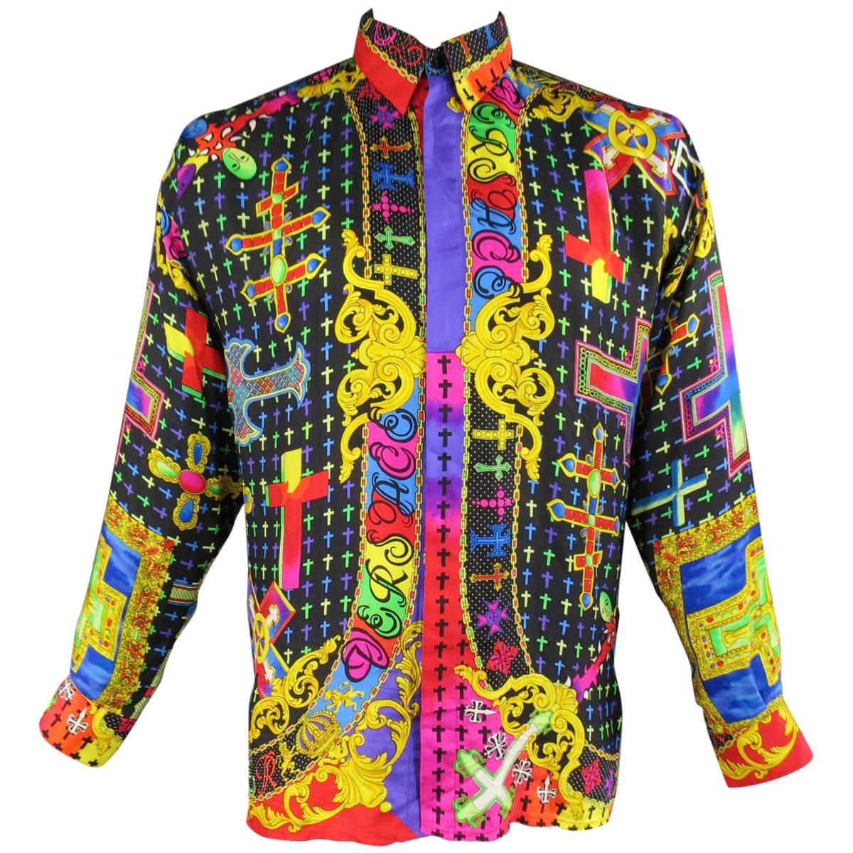 Gianni Versace Shirt - Vintage - Multicolor Silk Mardi Gras Crucifix Cross 