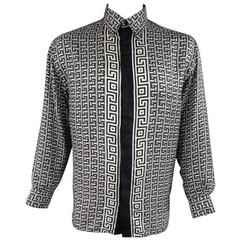 VERSACE CLASSIC V2 Size Black White Geometric Print Silk Long Sleeve Shirt at 1stDibs | versace v2 shirt, versace white silk shirt, classic v2 shirt