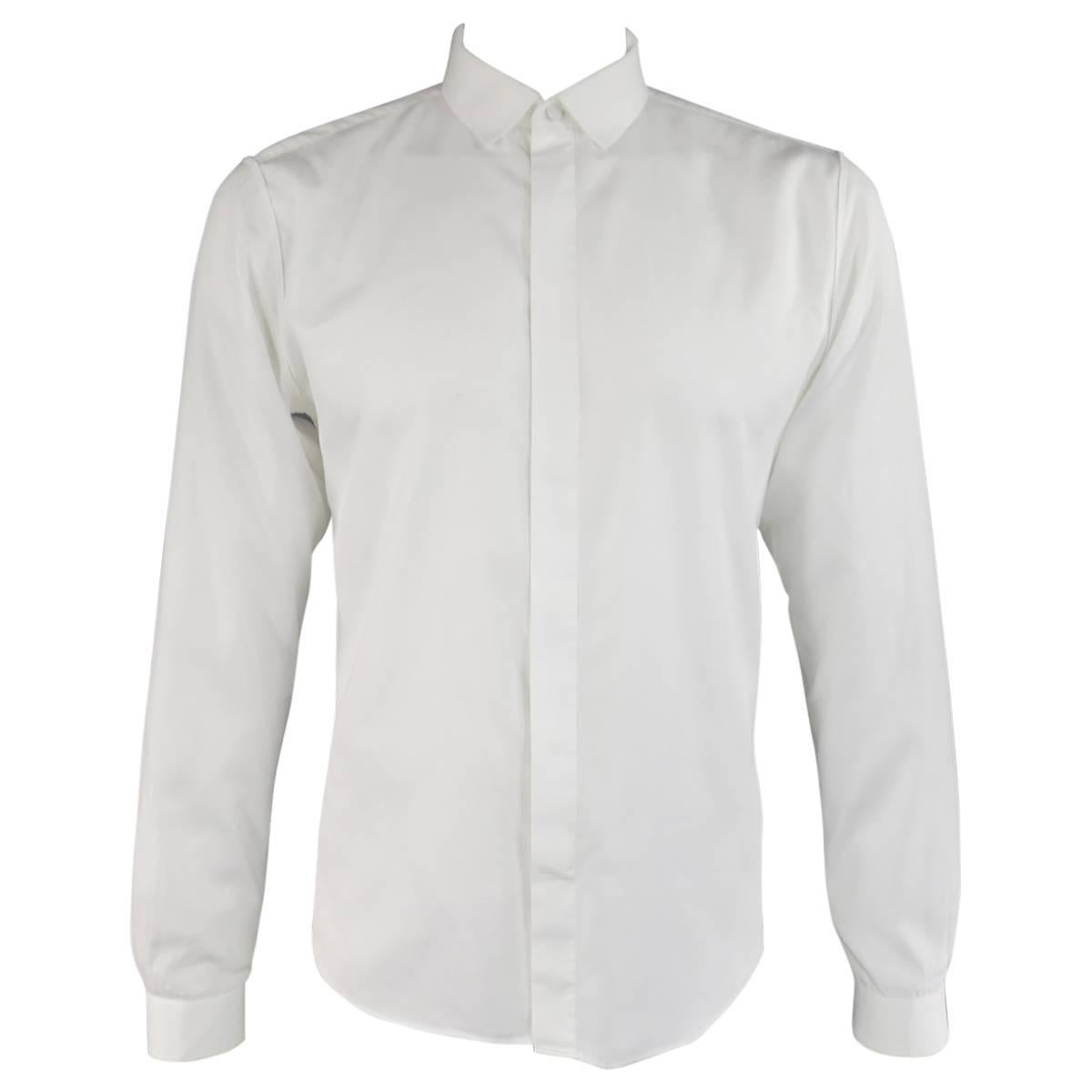 Men's VALENTINO Size L White Cotton Long Sleeve Hidden Placket Dress Shirt
