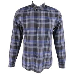 Men's GIVENCHY Size L Navy PLaid Cotton Long Sleeve Fitted Dress Shirt