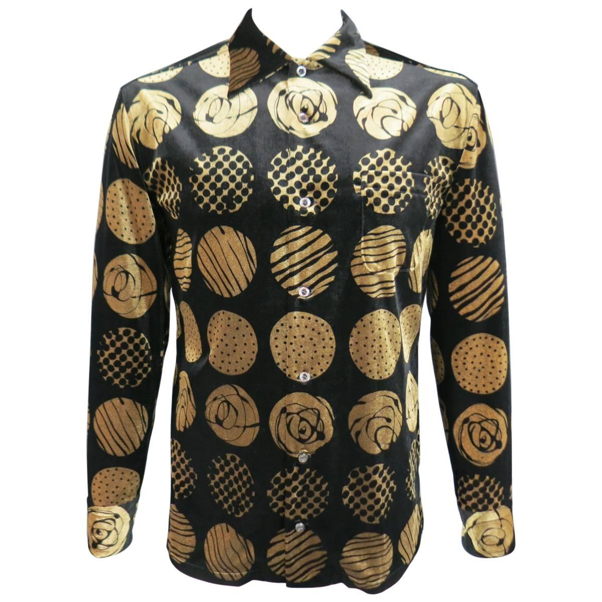 Vintage MATSUDA Size L Black & Gold Printed Polka Dot Velvet Long Sleeve Shirt