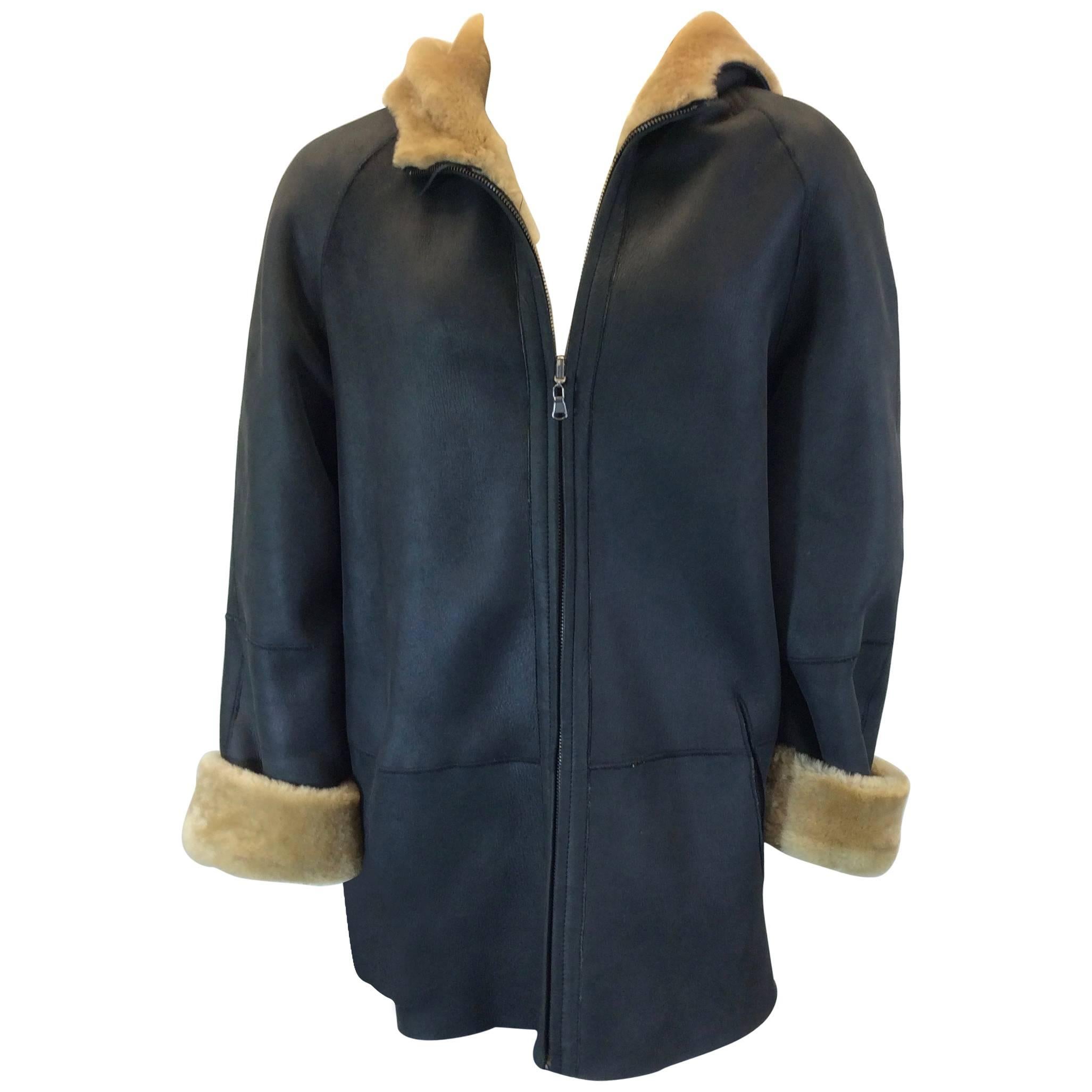 Autunno Collezione Shearling Deep Brown Suede Tan Sheepskin Lined Hooded Coat For Sale