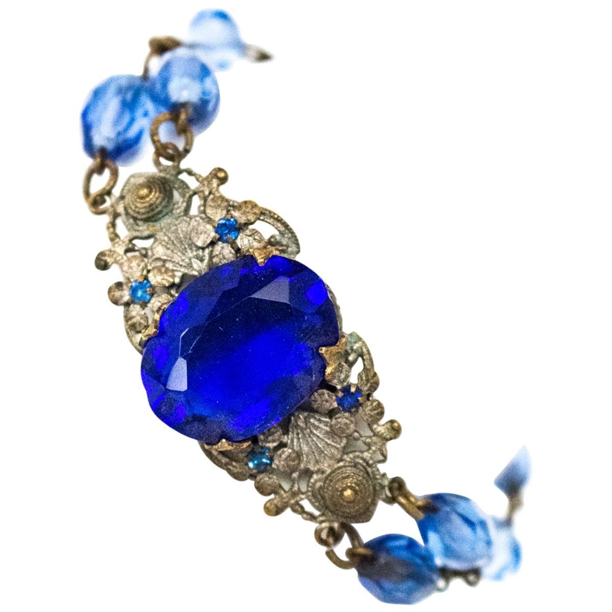 20s Blue Glass Art Nouveau Bracelet 