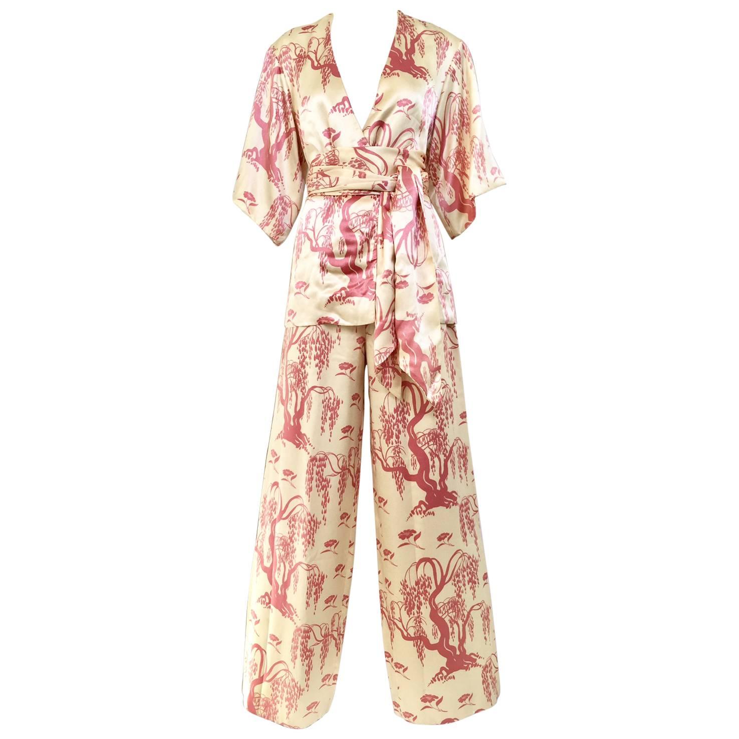 1970s Satin charmeuse printed top and pant set with sash