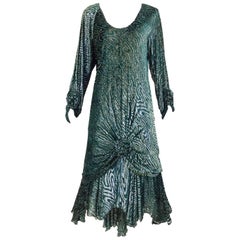 Vintage HOLLY HARP Green Metallic Velvet Burn Out Flapper Style 80s Dress