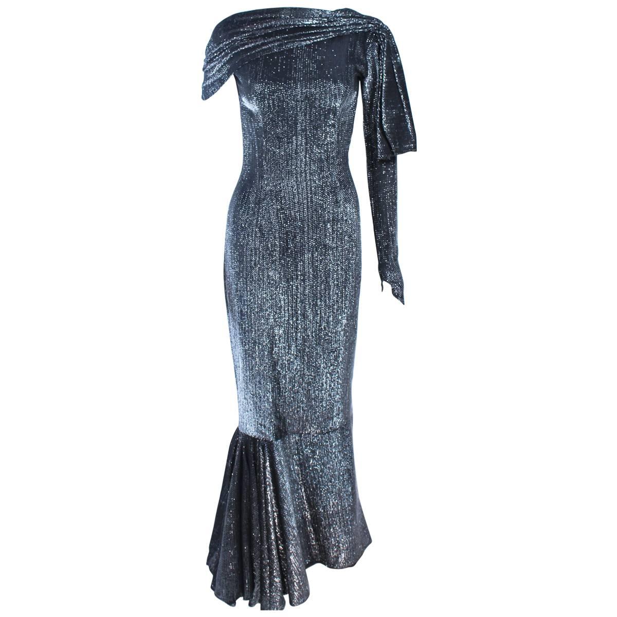 Vintage Black & Silver Metallic Draped Asymmetrical Gown Size 2 For Sale