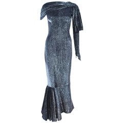 Vintage Black & Silver Metallic Draped Asymmetrical Gown Size 2