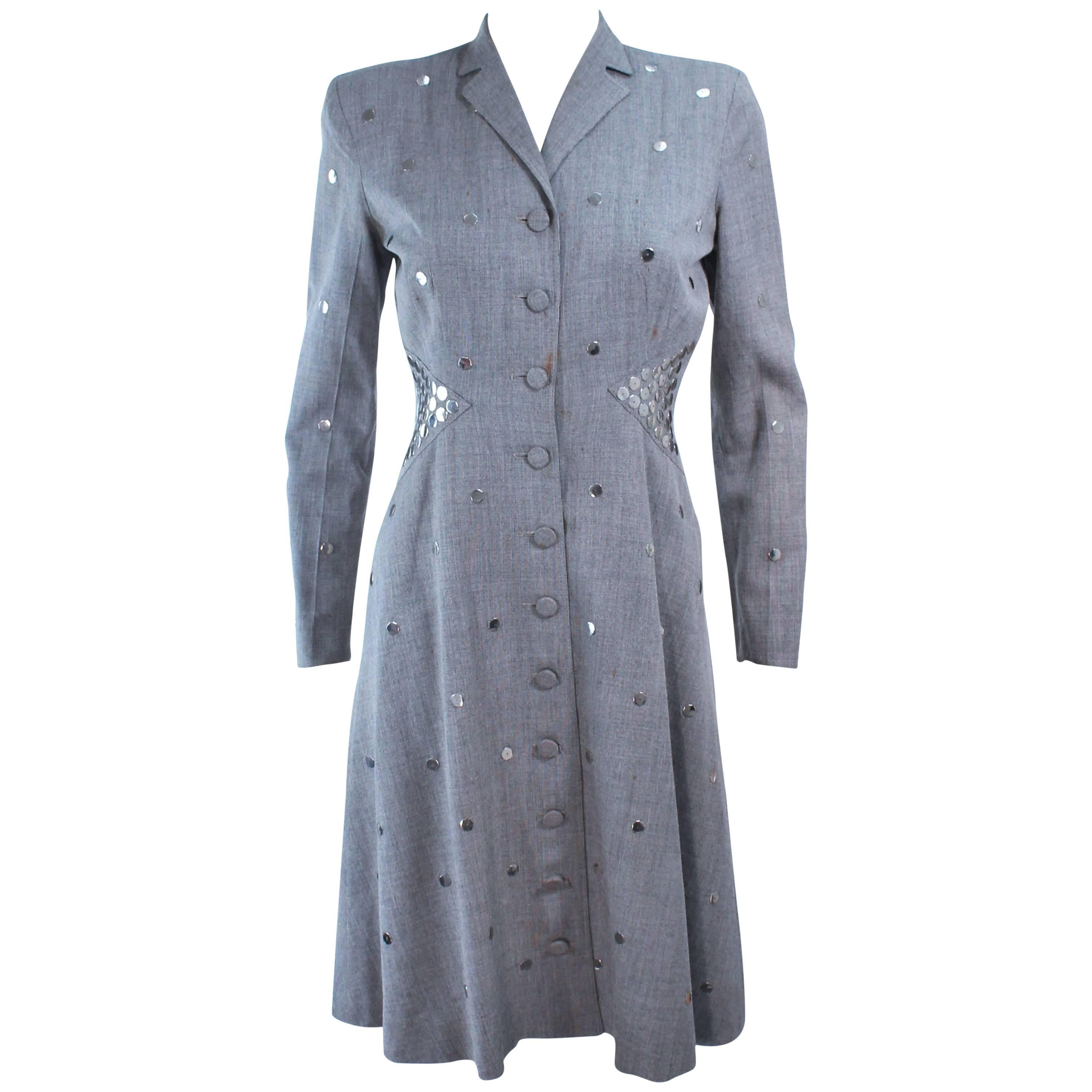 KAY COLLIER Grey Wool Coat Dress with Sequin Applique Size 2 4 For Sale