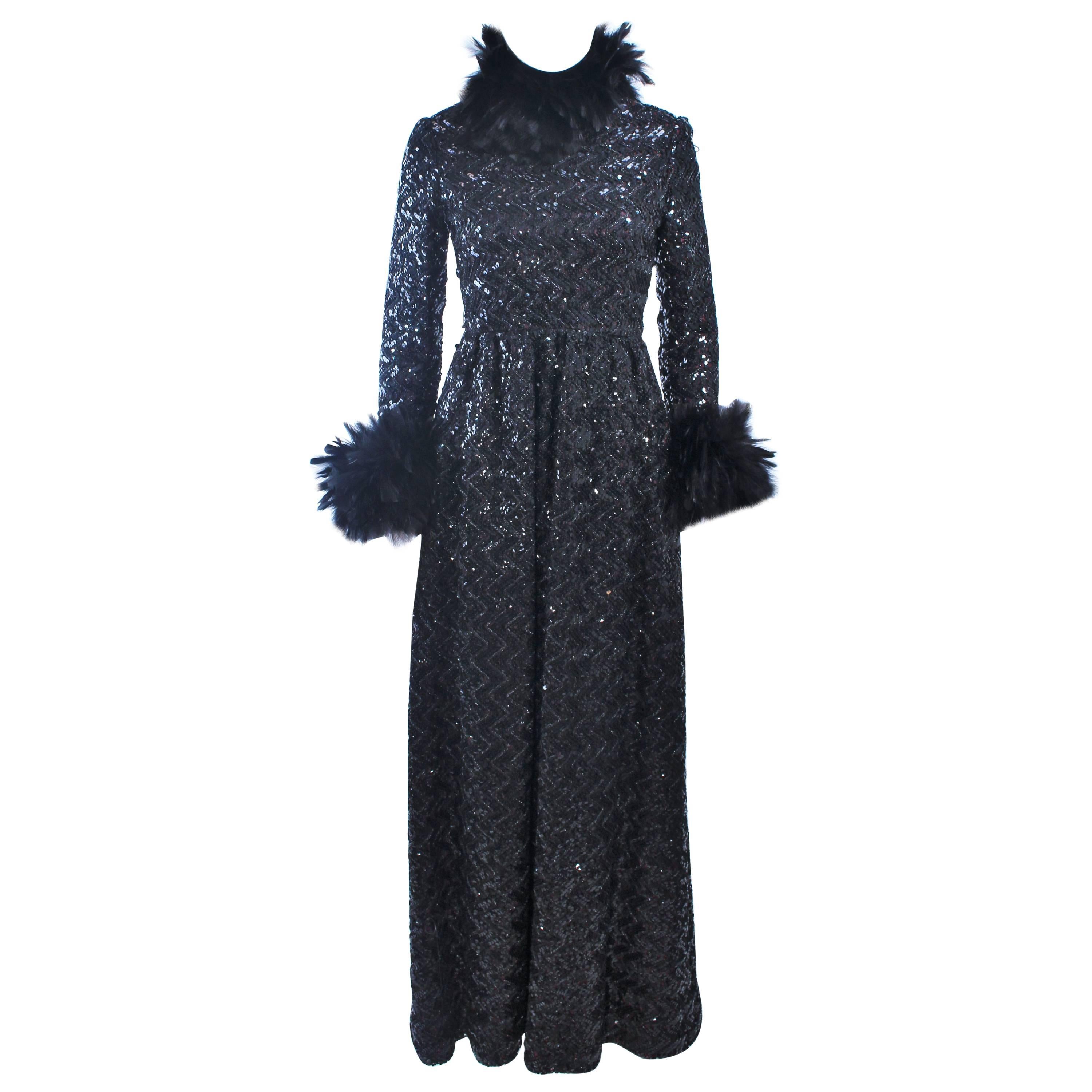 AMELIA GRAY Black Sequin Gown with Feather Trim Size 2 4 For Sale