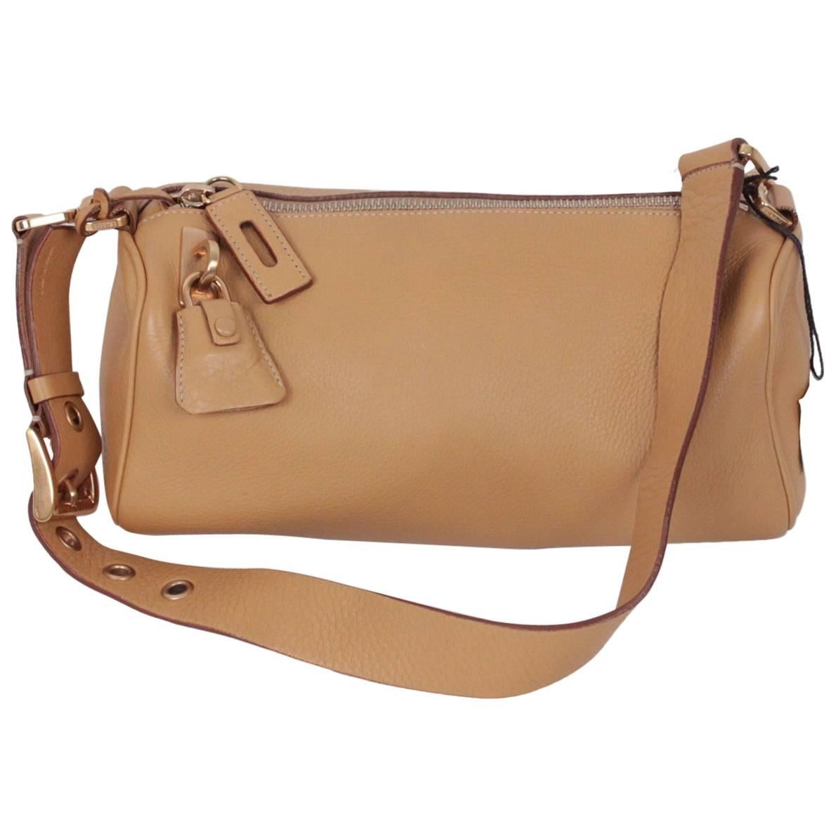 PRADA Tan Leather SHOULDER BAG Handbag w/ PADLOCK