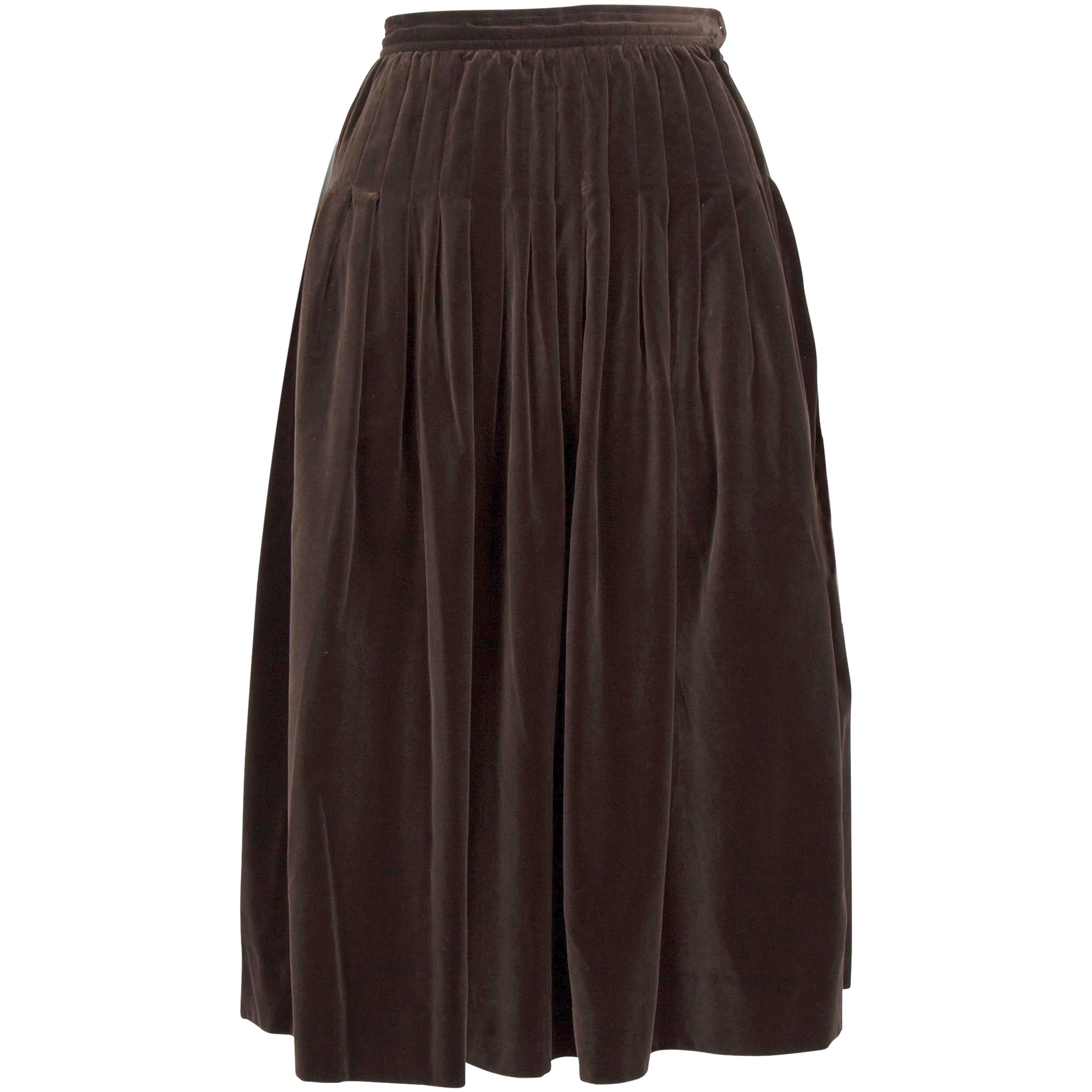 1970s Yves Saint Laurent Rive Gauche Brown Velvet Pleated Skirt For Sale