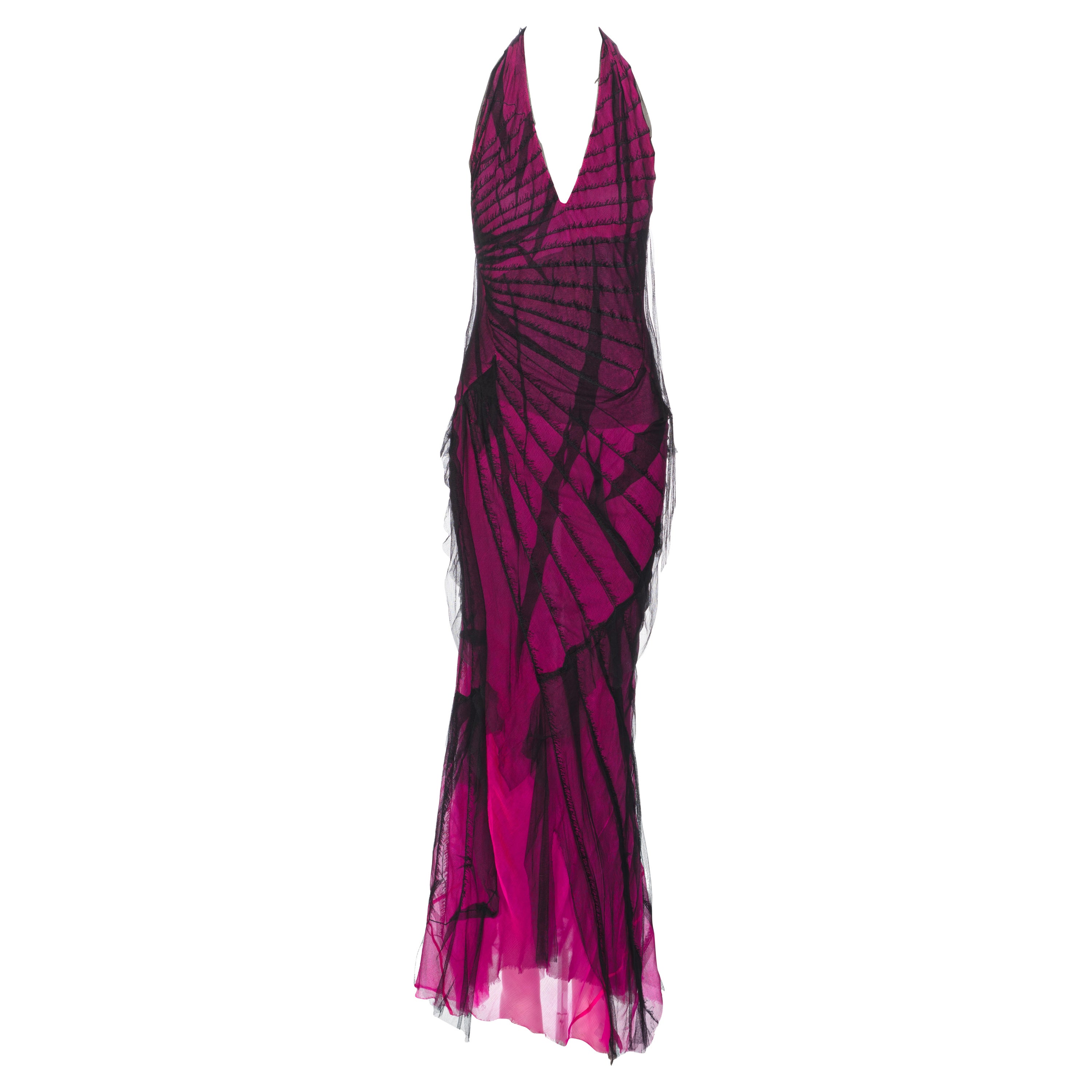 Roberto Cavalli Distressed Pink Silk Mesh Evening Halter Neck Dress, ss 2001 For Sale