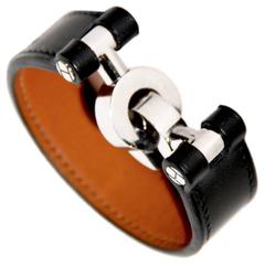 Hermes Black Box Leather Bracelet Silver Hardware Handcuffs Clasp