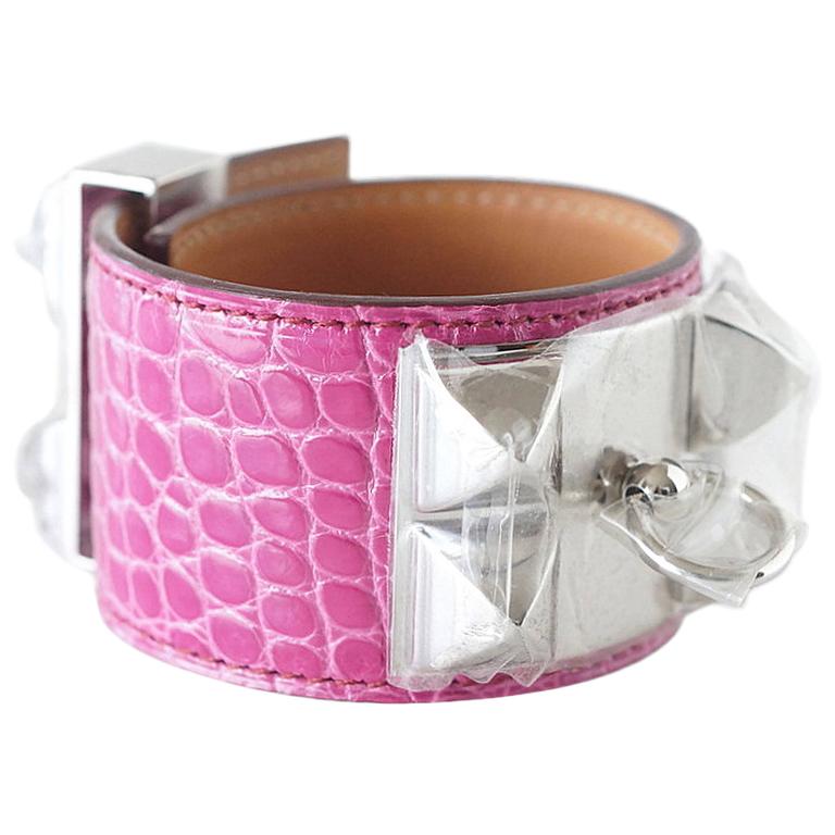 HERMES Bracelet CDC Collier de Chien Cuff Fuchsia Alligator Palladium S new For Sale