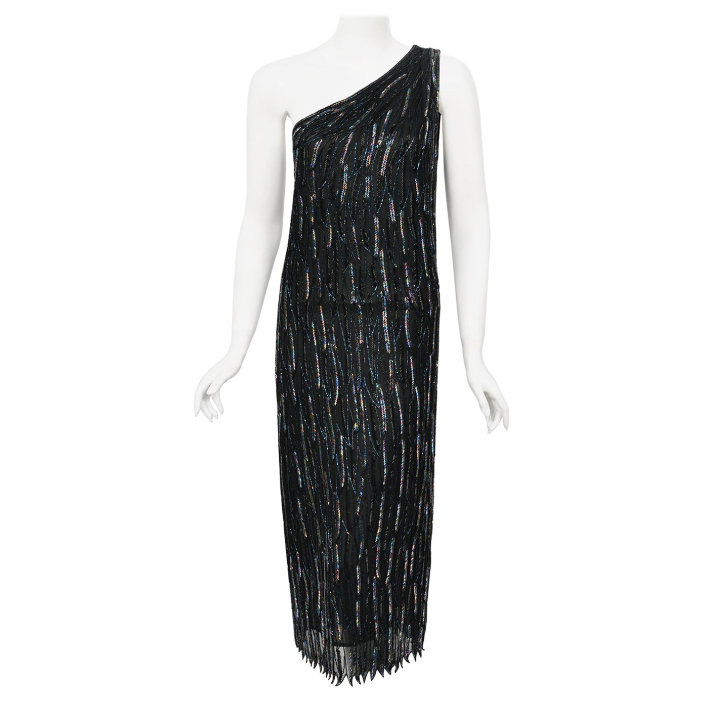 Vintage 1970er Halston Couture schillerndes, perlenbesetztes, schwarzes Seiden-Ein-Schulter-Kleid  im Angebot