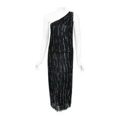 1970's Halston Couture Iridescent Beaded Black Silk One-Shoulder Disco Dress