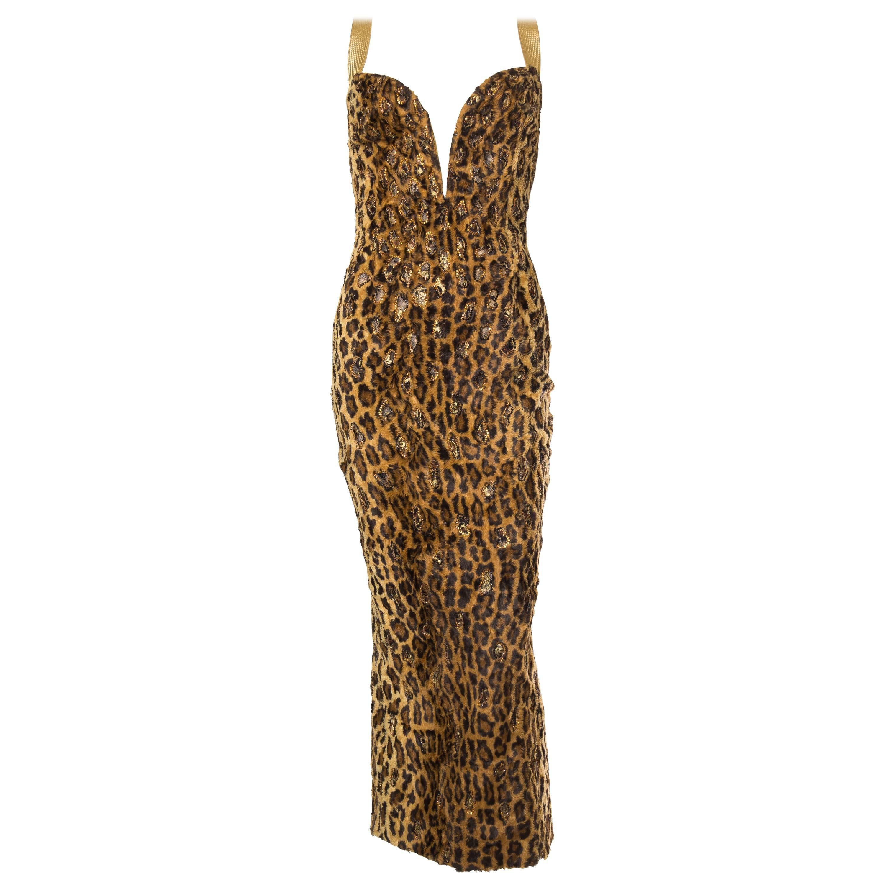 1990s Gianni Versace Atelier Leopard Velvet Gown with Crystals