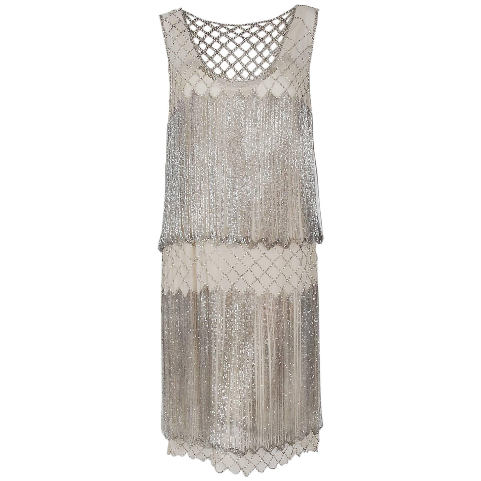 1920's French Couture Beaded Fringe Ivory Silk Chiffon Cut-Out Flapper Dress 