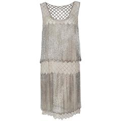 Antique 1920's French Couture Beaded Fringe Ivory Silk Chiffon Cut-Out Flapper Dress 