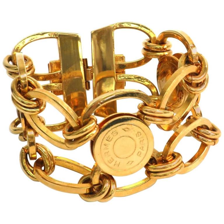 Hermes Gold Sellier 'HERMES PARIS' Medallion Coin Chain Link Cuff Charm