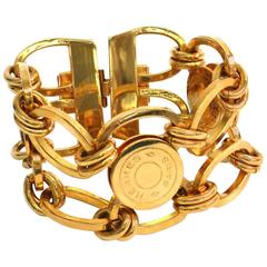 Hermes Gold Sellier 'HERMES PARIS' Medallion Coin Chain Link Cuff Charm Bracelet