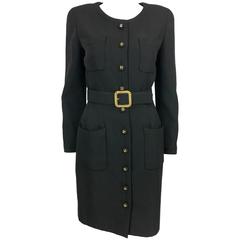 Chanel Belted Black Wool Dress With Logo Buttons - Circa 1992