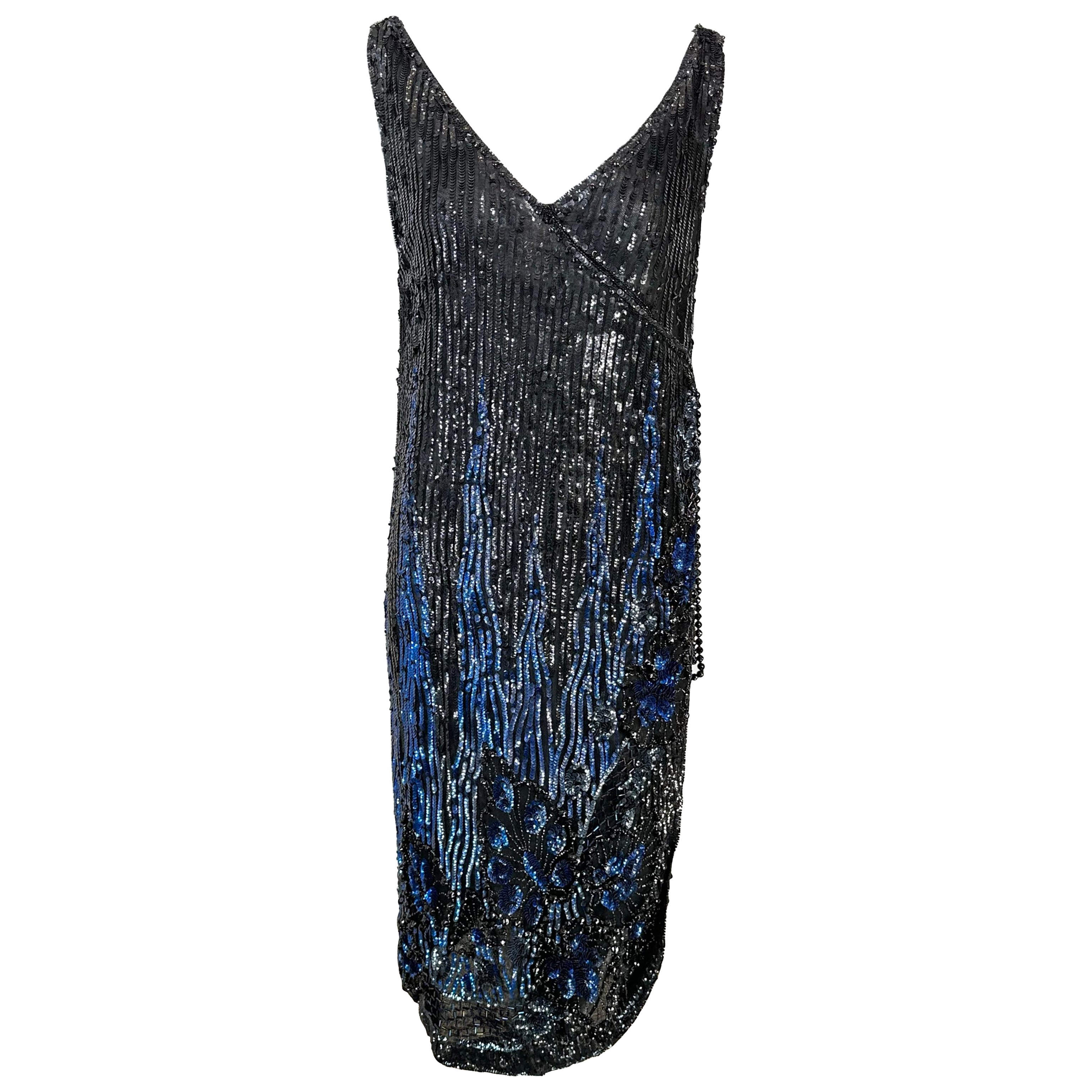 1920s Black & Blue Flame Sequin Flapper Dress For Sale