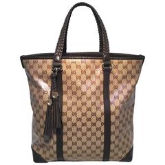 Gucci Coated Monogram and Brown Braided Leather Trim Tassel Tote