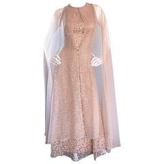 Pat Sandler Vintage 1960s Nude Silk Chiffon Sequined 60s Gown w/ Attached Cape