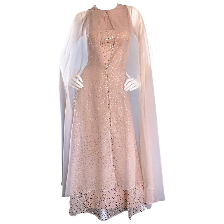 Pat Sandler Vintage 1960s Nude Silk Chiffon Sequined 60s Gown w/ Attached Cape For Sale
