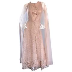 Pat Sandler Vintage 1960s Nude Silk Chiffon Sequined 60s Gown w/ Attached Cape 12