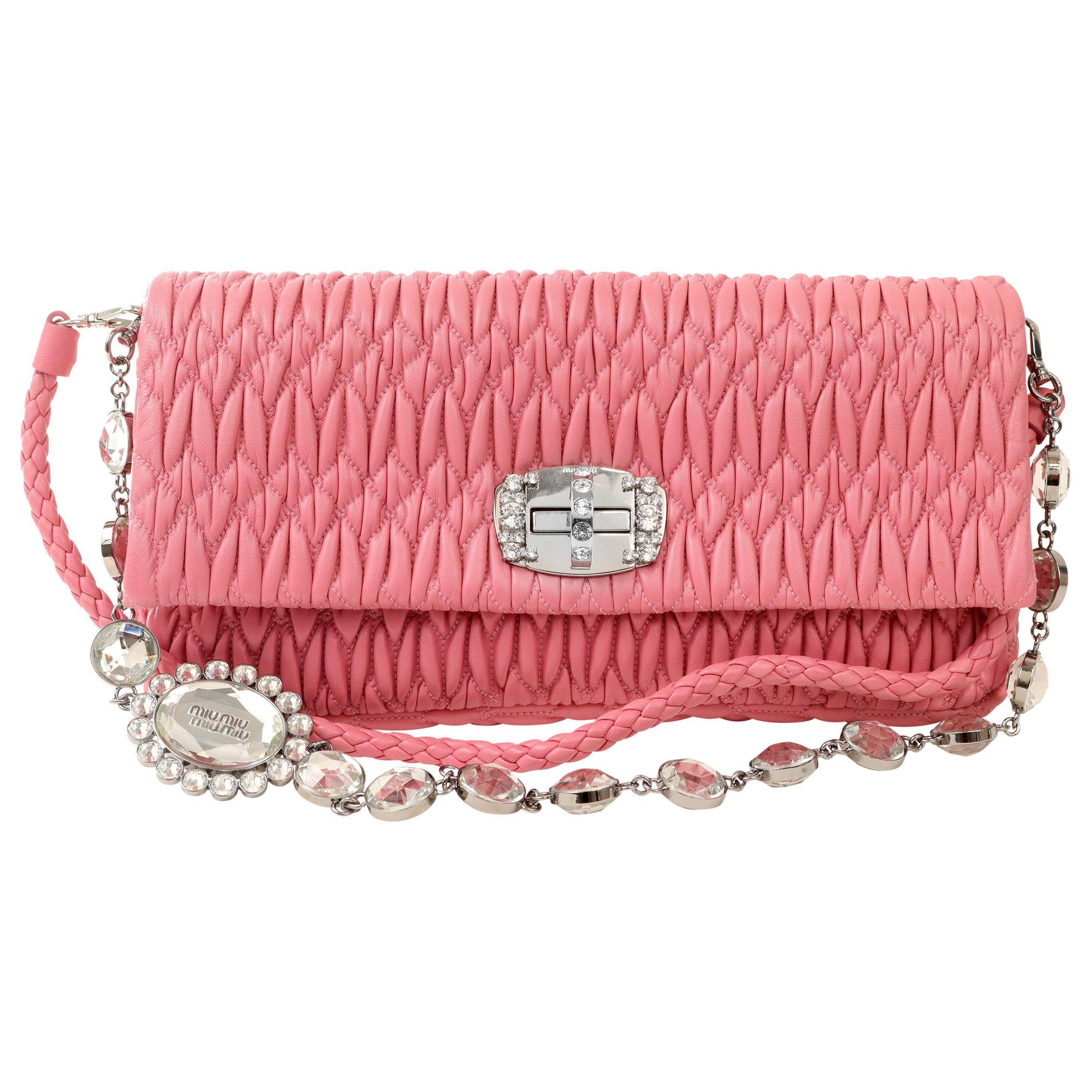 Miu Miu Rose Pink Iconic Crystal Cloquè Small Bag with Silver Hardware For Sale
