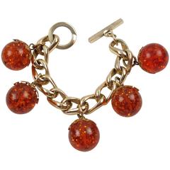 Orangeade Prystal Bakelite Bead Charm Bracelet with Gilt Chain 8