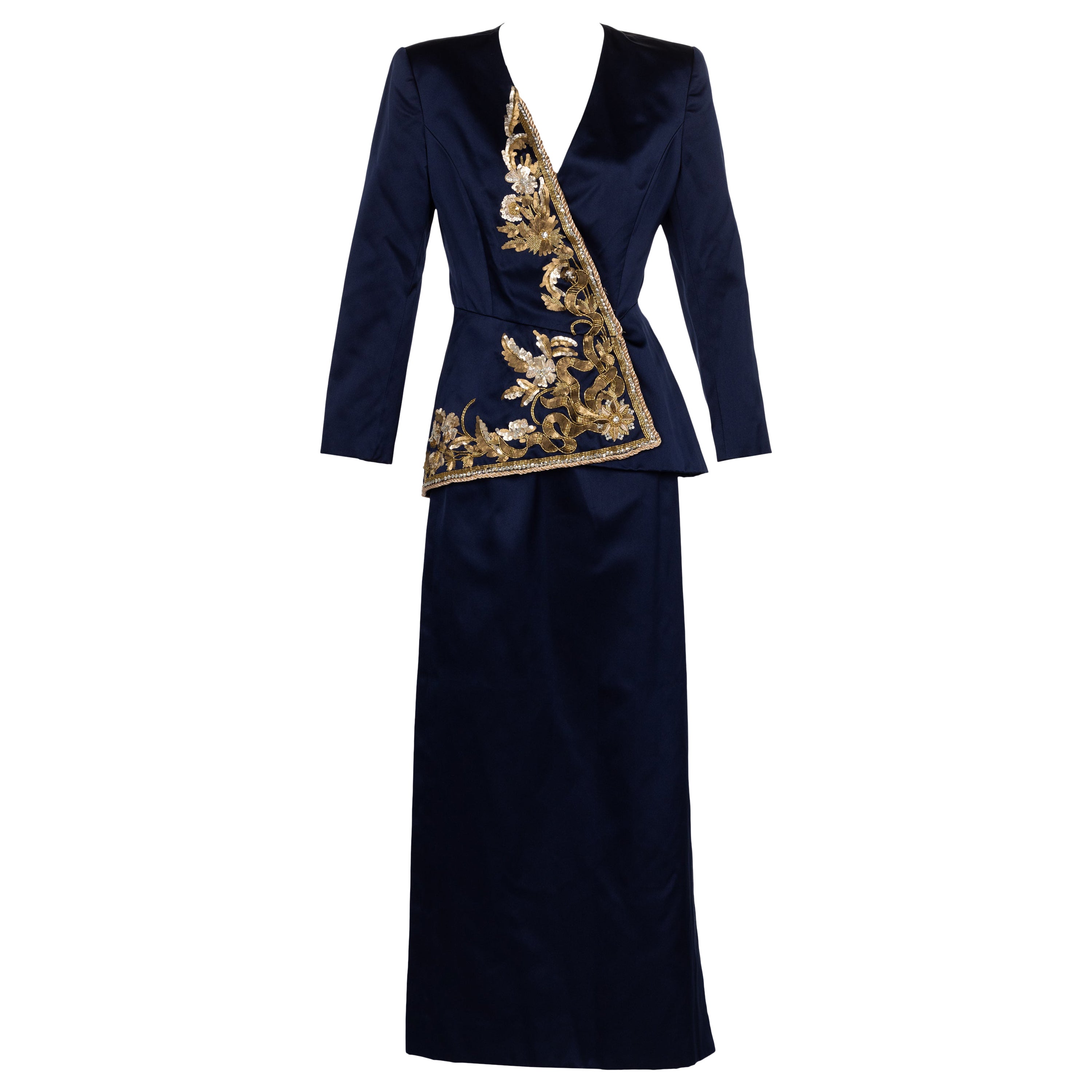 Oscar de la Renta Vintage Marineblauer Satin-Anzug mit Goldverzierung aus Satin H/W 1992 im Angebot