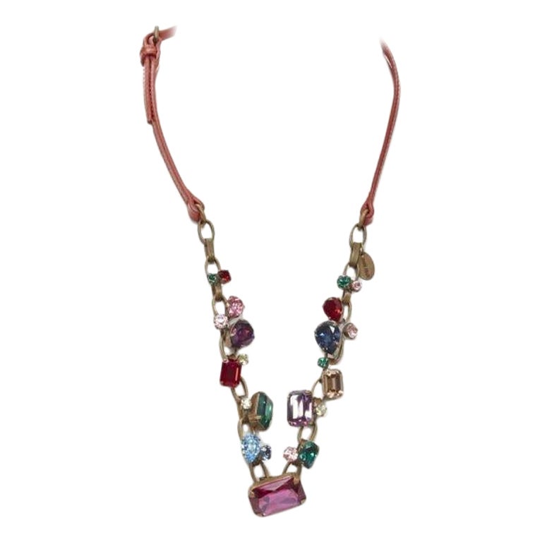 MIU MIU Vintage multicolor rhinstone crystal jewel red leather necklace For Sale