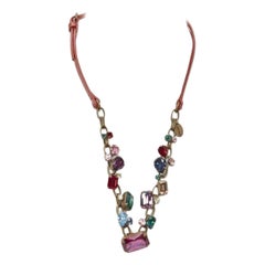 MIU MIU Vintage multicolor rhinstone crystal jewel red leather necklace