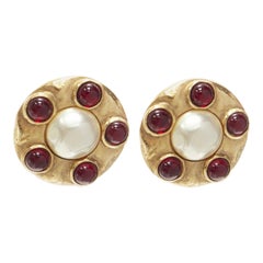 Chanel Vintage 1990's Collection 23 Or Rouge Gripoix Faux Pearl Clips Earrings