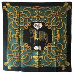 RARE Hermes Vintage Palefroi Silk Scarf in Black and Green