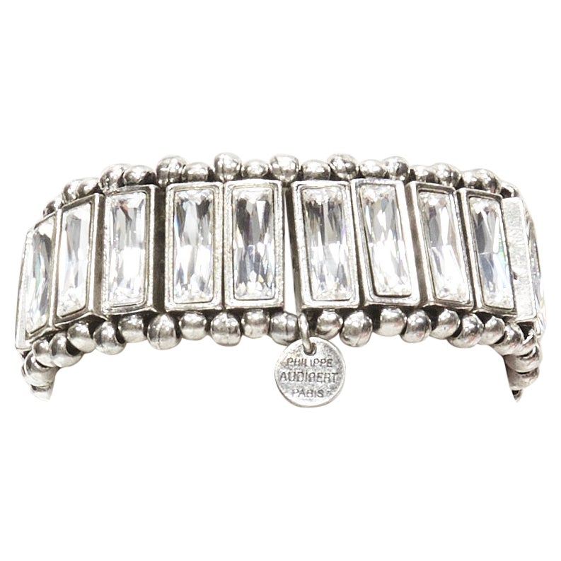 PHILLIPE AUDIBERT antique silver bead baguette crystal elastic bracelet For Sale