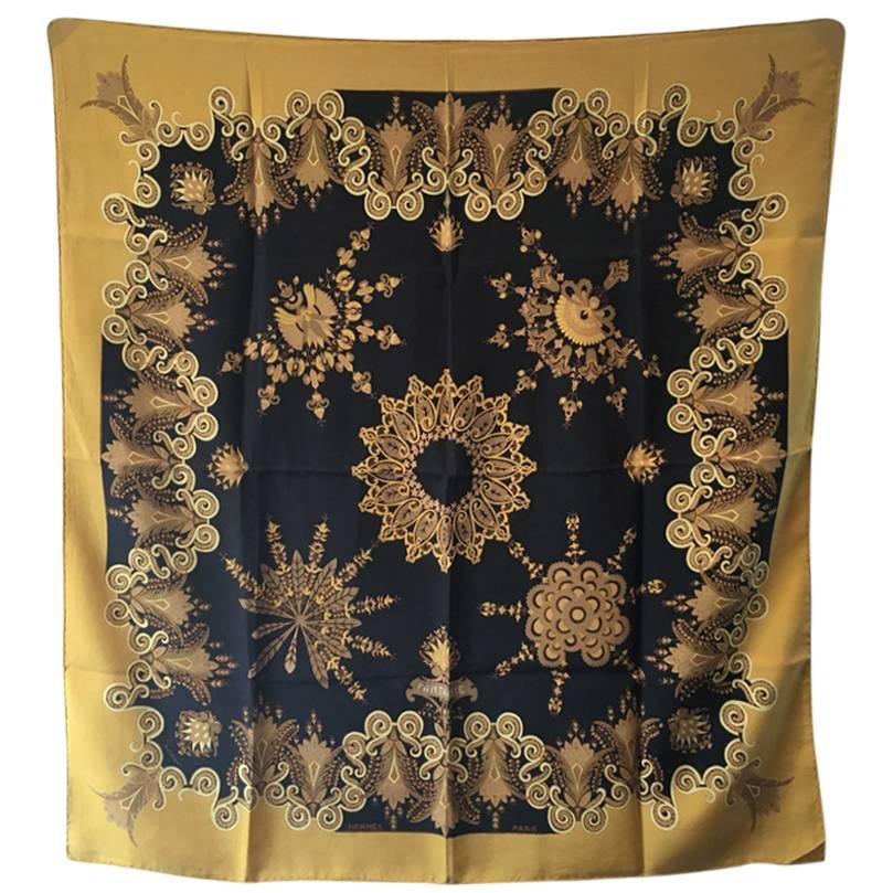 Hermes Vintage Fantaisie Silk Scarf in Black and Gold