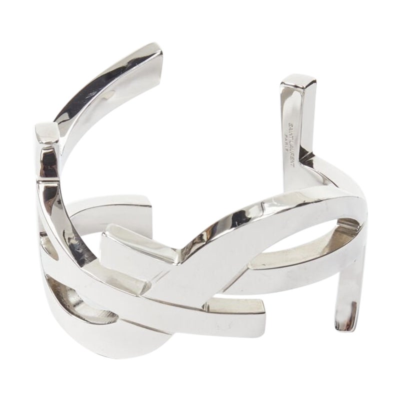 new SAINT LAURENT Cassandre silver brass metal YSL monogram logo cuff bracelet For Sale