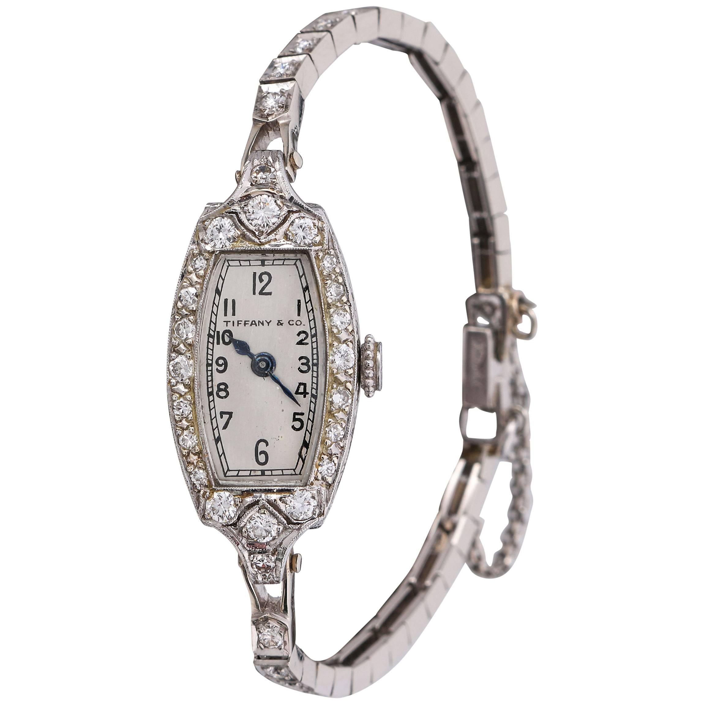 TIFFANY & CO 1930's Diamond Platinum Patek Philippe Movement Bracelet Watch