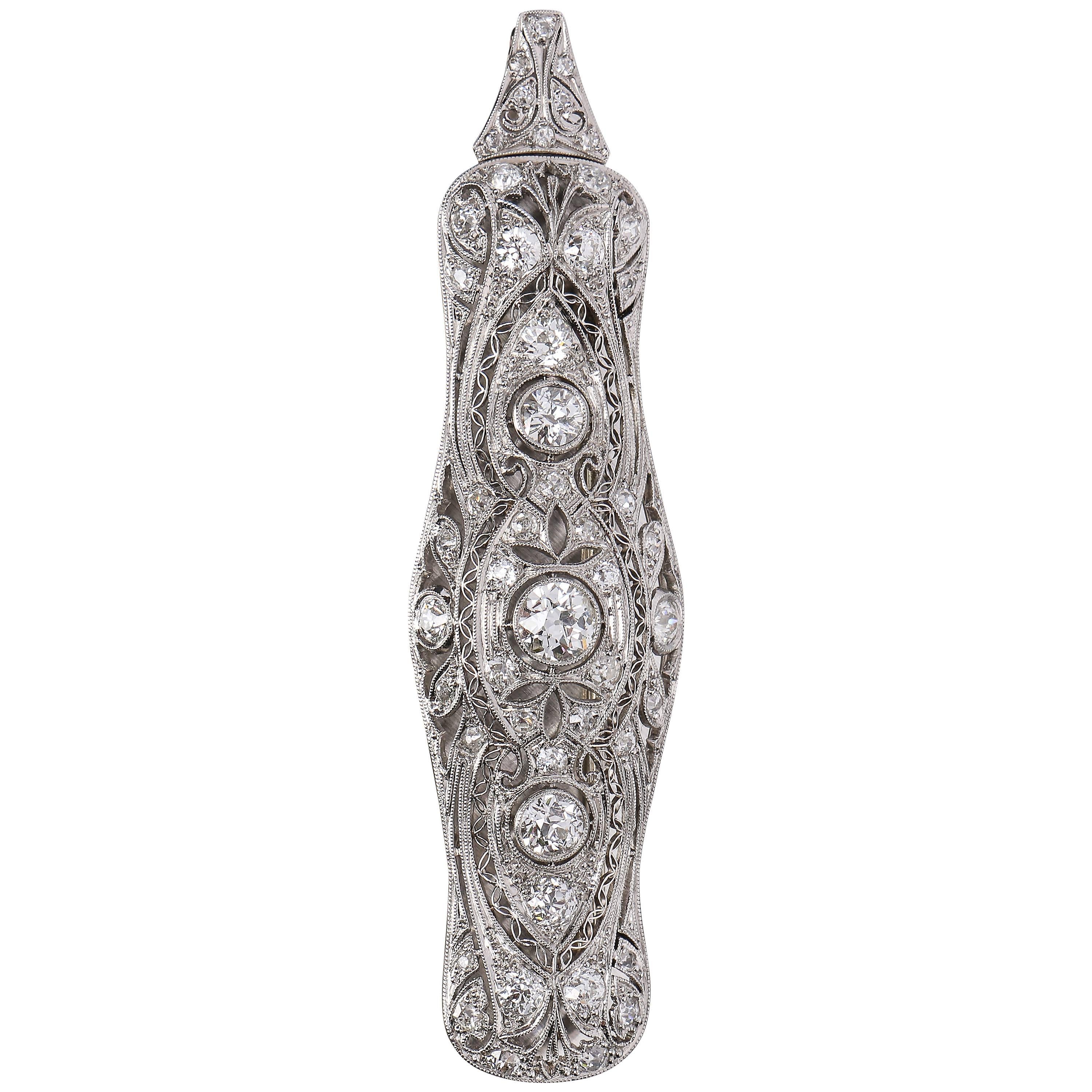 Gregorian c.1915 European Cut Diamond Platinum Foliate Filigree Bar Pin Pendant For Sale