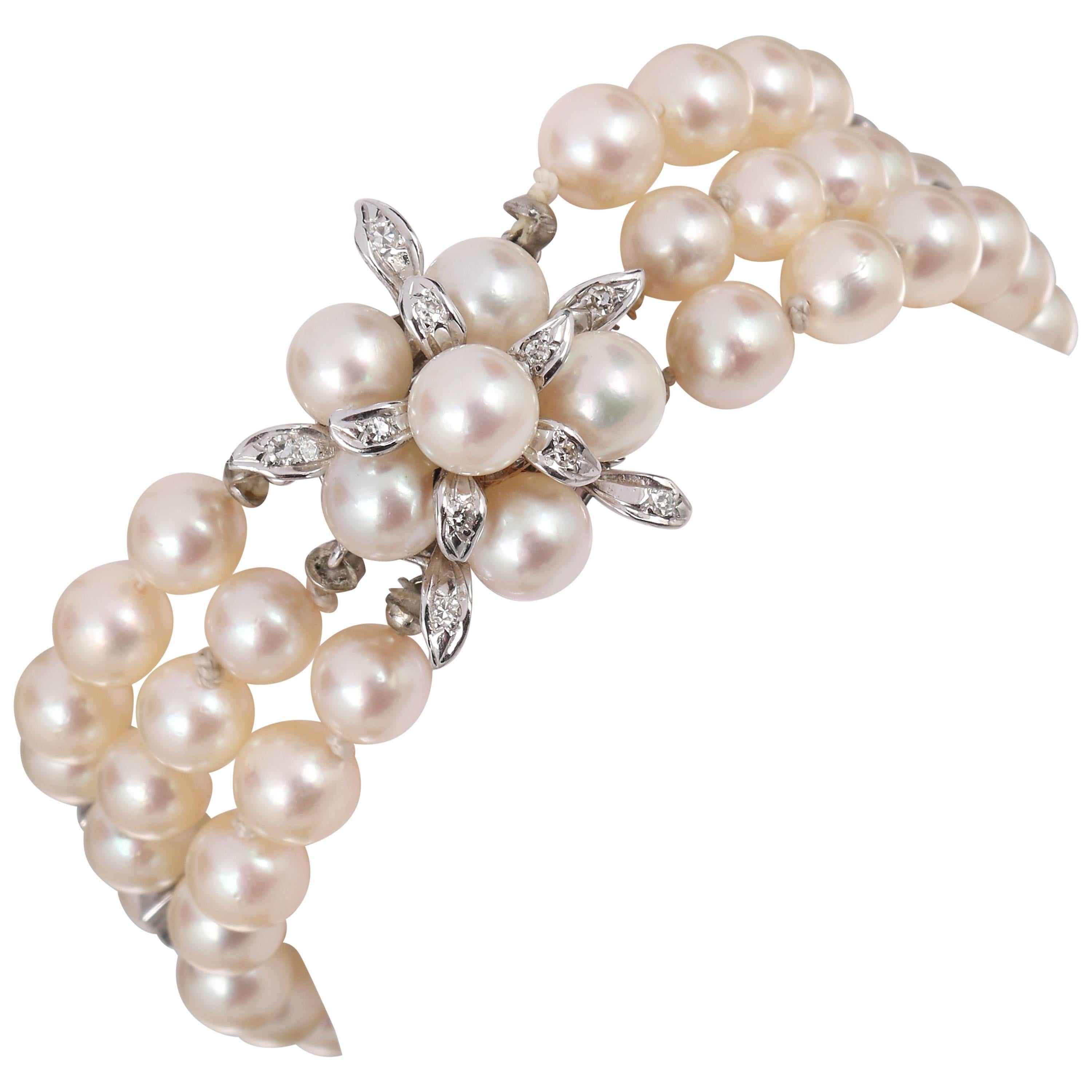 CULTURED PEARL c.1950's 6MM 14KT White Gold Triple Strand Floral Bracelet